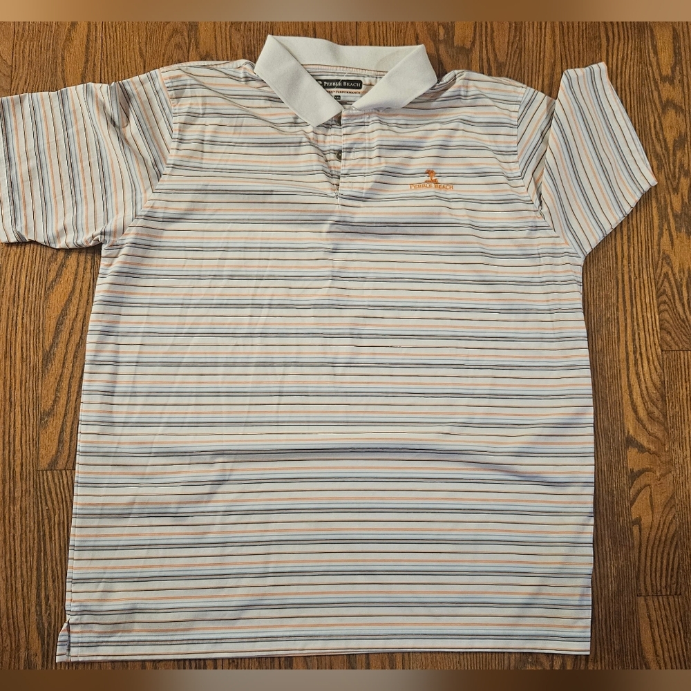 Pebble Beach Polo Shirt - White with Blue and Orange Stripes